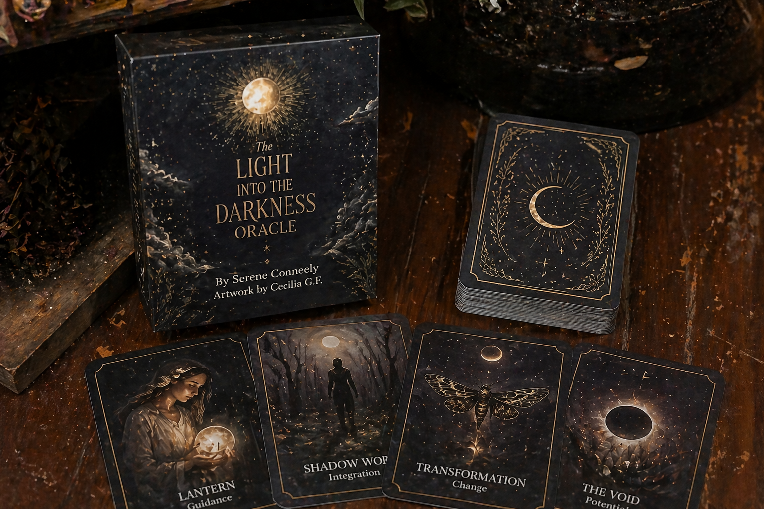 Oracles and tarot cards on a wooden surface with dark covers and celestial designs.