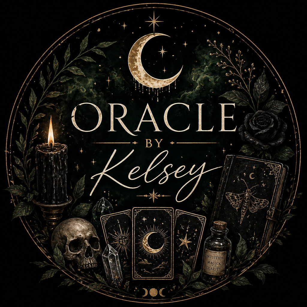 Oracular design with tarot cards, candle, skull, and bottle on a dark background with 'Oracle by Kelsey' text.