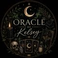 Oracular design with tarot cards, candle, skull, and bottle on a dark background with 'Oracle by Kelsey' text.